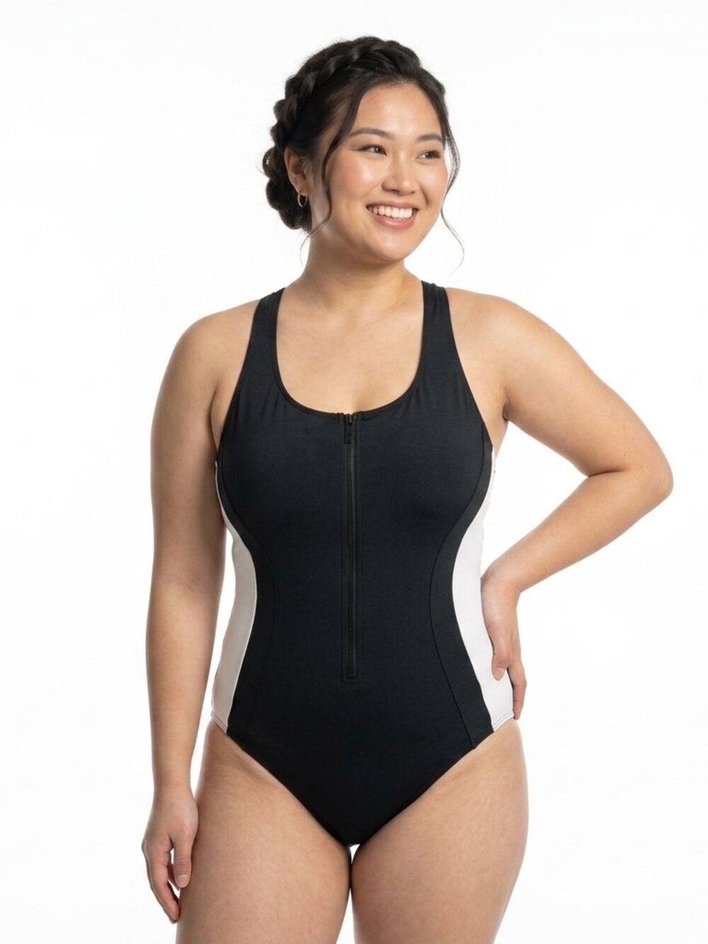 TA3 Scoopy Seamed Zip One Piece Swimsuit Black White 3X X-Long Torso Corset NWT